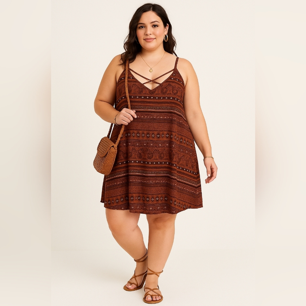 @) Forever 21 Boho Maxi Dress XL Brown Cream Strappy V-Neck Flowing Bohemian Pri